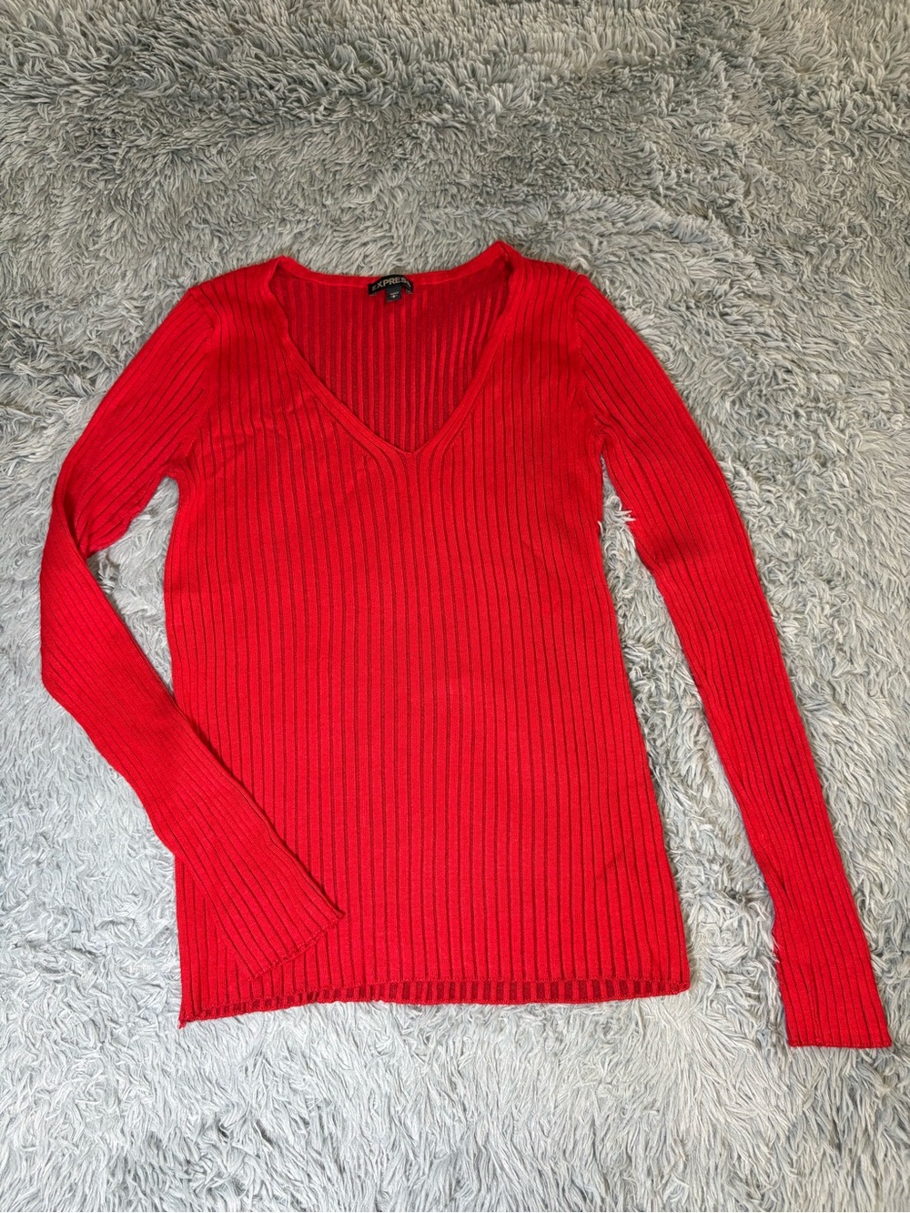 Express Red Ribbed V-Neck Sweater